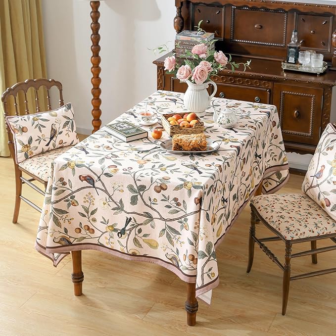 Linen Table Cloth Rectangle,Wrinkle Resistant French Pink Tablecloth Print with Froal,Decor Stitch Table Cloth for Thanksgiving,Dining Room,Home,Kitchen 55" × 71"-Dewey A