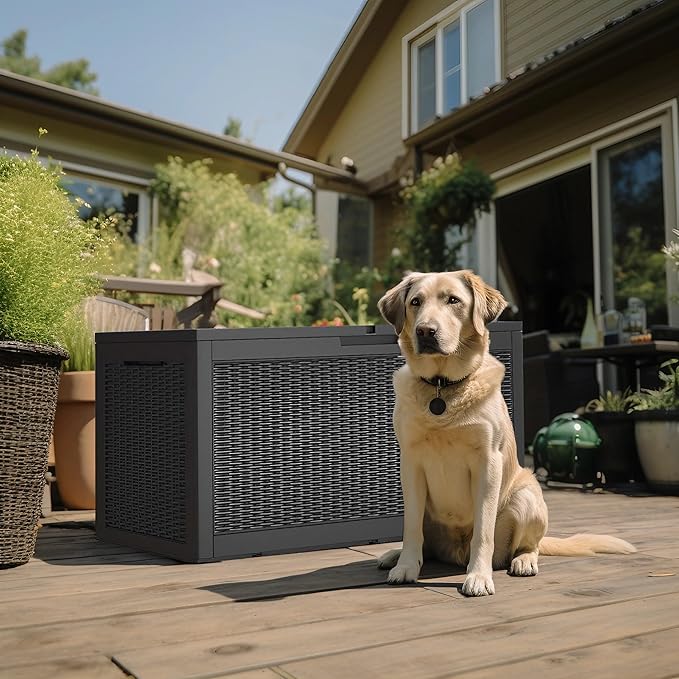 120 Gallon Deck Box,Resin Outdoor Storage Box with Lockable for Patio Furniture, Pool Accessories, Garden Tools Waterproof Outside Storage Box, Black