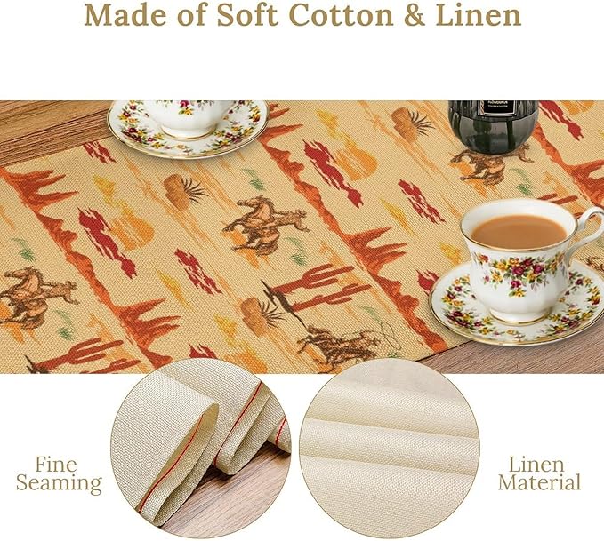 Western Cowboy Table Runner, Wild West Cowboy Ride Horse Desert Cactus Sunset Table Runner for Home Kitchen Dining Party Farmhouse Coffee Outdoor 13x70in