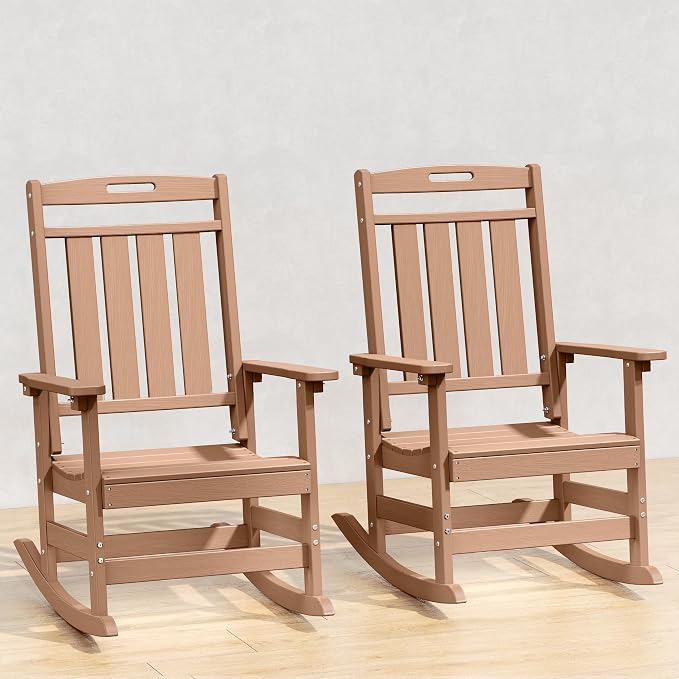 Oversized HDPE Outdoor Rocking Chair Set of 2, All-Weather, Teak | Heavy Duty by Plawdlik