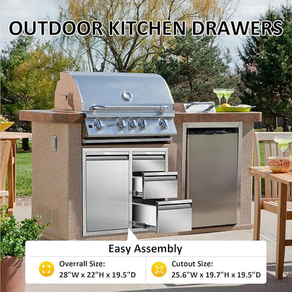 Outdoor Kitchen Door Drawer Combo Cabinet 28" W x 22" H x 19.5" D Stainless Steel Built-in Triple Drawers&Left Trash Drawer Combo Cabinet for Outdoor Kitchen Island, Patio Grill Station