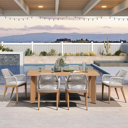 PURPLE LEAF 7 Pieces Patio Dining Set Aluminum Modern Rectangular Table and Rattan Arm Chairs with Cushions for Kitchen Porch Garden Outdoor Furniture Sets, Teak
