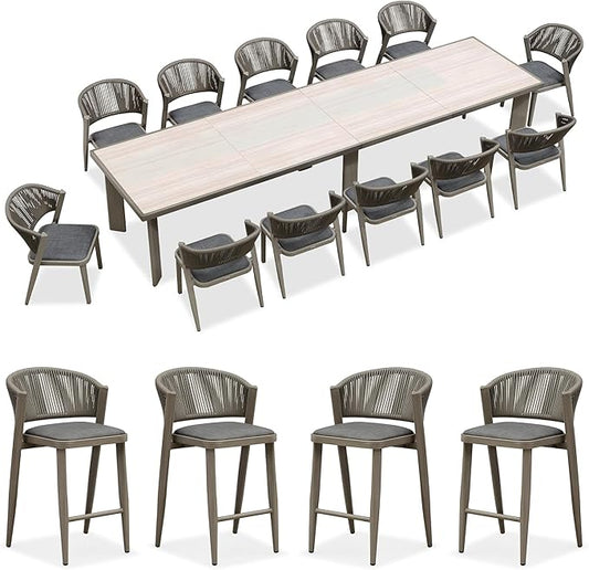 PURPLE LEAF 13-Piece Patio Dining Set Outdoor Furniture Rectangular Table and Chairs Set with Aluminum Frame and Wicker Rattan for Garden Deck Backyard Kitchen Gray Outdoor Set with Counter Stools