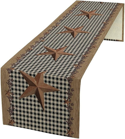 Rustic Star Table Runner, Vintage Wood Barn Black Grid Western Texas Farmhouse Country Print Table Runner for Home Party Patio Indoor Outdoor, 13x120inch