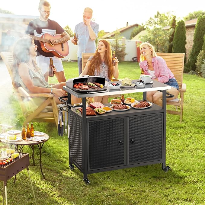 Outdoor Grill Cart with Storage, Outdoor Bar Cart with Wheels, Kitchen Island Cart with Stainless Steel Top for BBQ, Patio, Backyard