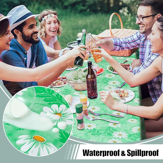 misaya Square Waterproof Vinyl Table Cloth, Wipeable Tablecloth with Flannel Backing, Plastic Table Cover for Dinner, Picnic, Indoor and Outdoor (Green Daisy, 54" x 54")