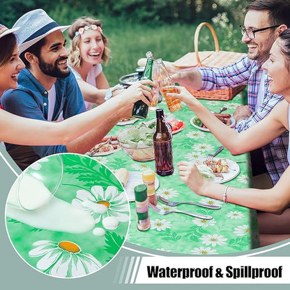 misaya Rectangle Waterproof Vinyl Table Cloth, Wipeable Tablecloth with Flannel Backing, Plastic Table Cover for Dinner, Picnic, Indoor and Outdoor (Green Daisy, 60" x 102")