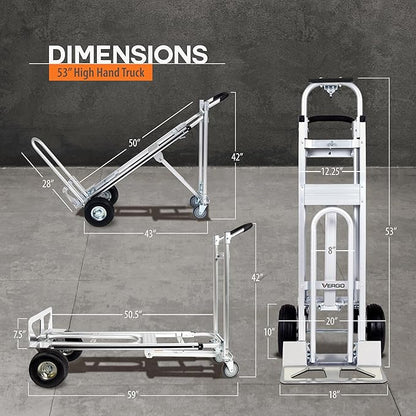 Vergo Industrial Convertible Hand Truck - AS7A2 Heavy Duty Aluminum 3 in 1 Dolly (750 lb Capacity) Lightweight Frame, Ergonomic Handle, Extendable Loop, Versatile Moving Dolly (3 Positions, 53" High)