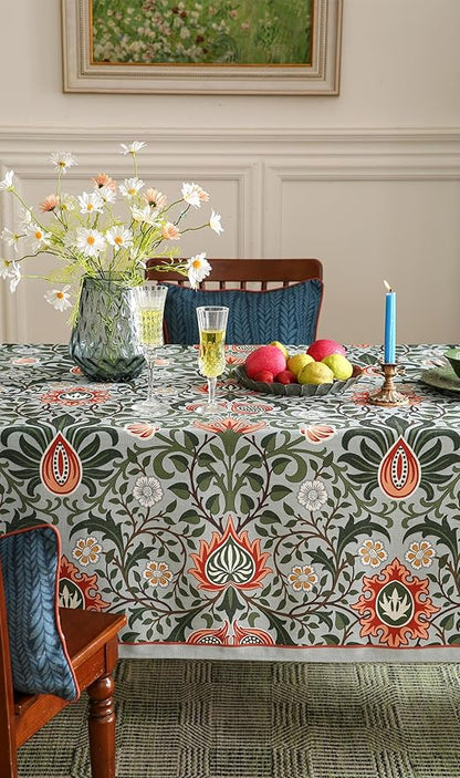 ISAENNE Designer Bohemian Linen Green Small Rectangular Tablecloth,Floral Indoor Table Cloth,Stain Resistant Decor Tablecloths for Dining Thanksgiving Kitchen Party Christmas,55"*71"-Naples