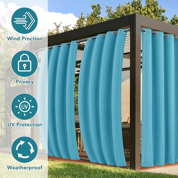 HolidayIdeas Patio Curtains Outdoor Waterproof 4 Panels 54x84 Inch-Windproof Weatherproof Privacy Teal Outside Curtains-Grommet Top and Tab Bottom Drape for Gazebo, Porch, Pergola, Cabana, Backyard