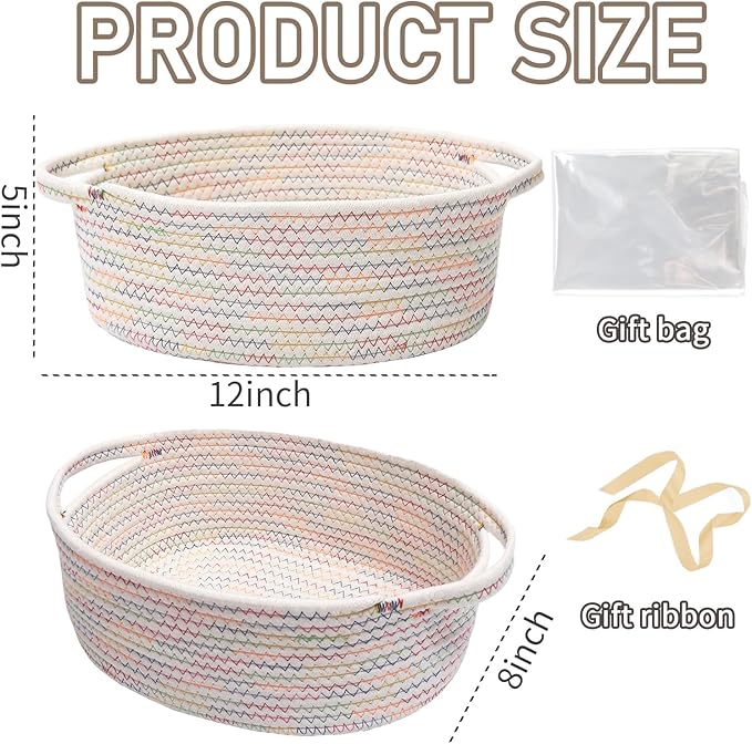 Woven Basket,Small Rope Storage Bin with Handles & Ribbon Bag, Organizer for Shelves Closets,Gift Basket Empty for Birthday,Books,Dog Toys, Colorful/3 Pack