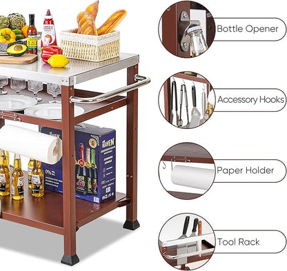 3-Shelf Outdoor Grill Table, Pizza Oven Table for Outside, Movable Grill Cart with Wheels, Indoor & Outdoor Cooking Station, Pizza Oven Stand for Ooni Blackstone Griddle 33.5”x 21.7”