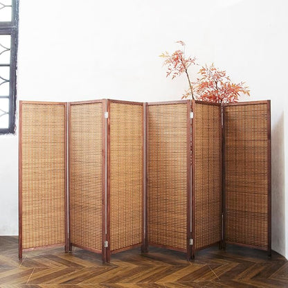 6 Panel Short Room Divider Screen,Brown Freestanding Partition,Small Bamboo Panel Divider for Room Seperation,3.95 FT Tall