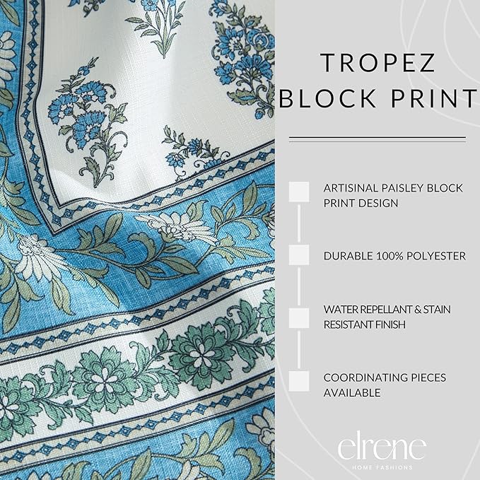 Elrene Home Fashions Tropez Paisley Block Print Coastal Stain & Water Resistant Indoor/Outdoor Table or Console Runner, 13"x70"