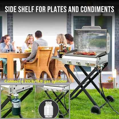 Portable Propane Gas Griddle 3-Burner with Foldable Cart & Side Table, Flat Top Gas Grill Griddle Stove with Lid, for Outdoor Cooking Patio Backyard Camping RV Tailgating Beach, GS310