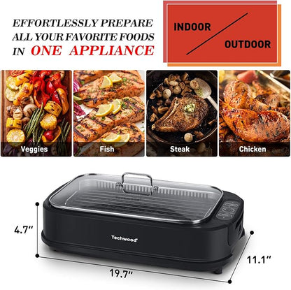 Indoor Grill, Techwood 1500W Smokeless Electric Grill with Tempered Glass Lid, Compact & Portable Non-Stick BBQ Grill with 6-Level Control, Dishwasher Safe, Black