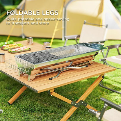 Folding Charcoal BBQ Grill with Storage Shelves, Portable Stainless Steel Charcoal Grill with Griddle Pan & Cooking Grate, Camping Picnic Hibachi Grill for Outdoor Cooking
