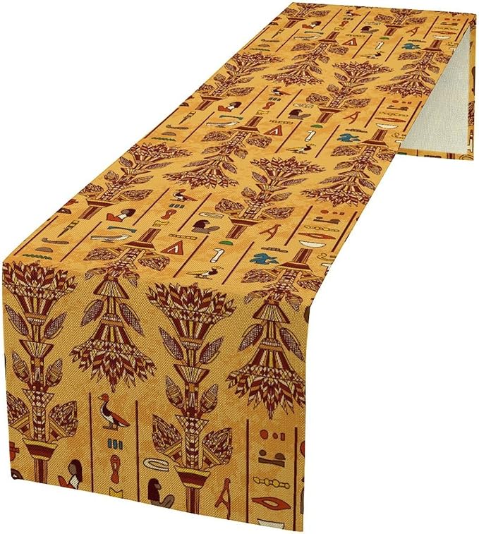 Egyptian Table Runner, Rustic Egypt Mythology Pharaohs African Hieroglyphs Old Alphabetic Table Runner for Kitchen Dining Room Farmhouse Party Banquet 13x70in