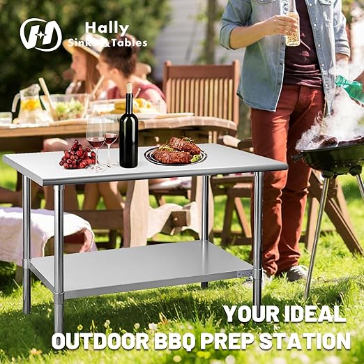 Hally Stainless Steel Table for Prep & Work 14 x 24 Inches, NSF Commercial Heavy Duty Table with Undershelf and Galvanized Legs for Restaurant, Home and Hotel