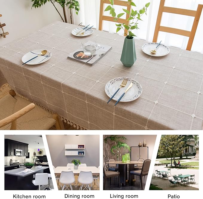 Pahajim Rustic Linen Tablecloth Cotton Rectangle Table Cloth for Kitchen Dining with Tassel Plaid Waterproof Tablecloths Rectangle/Oblong,55''x94'', 6-8 Seats