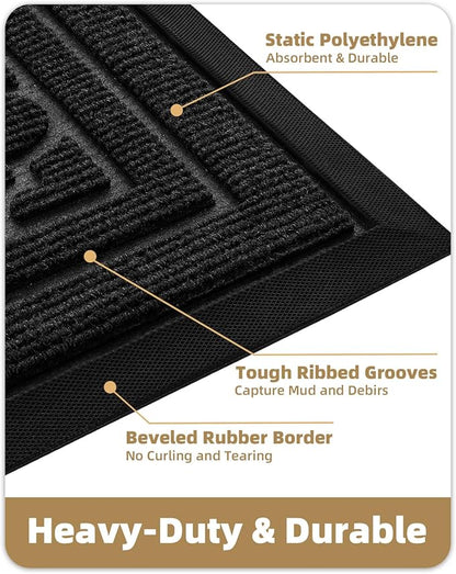 Color&Geometry Front Door Mat Outside Entrance, Heavy Duty Non Slip Low Profile Doormat for Entryway, Trap Dirt and Moisture Welcome Mats All-Weather, Easy Clean, Patio, Garage, 17"x30" Black