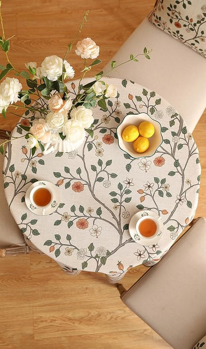 ISAENNE Designer Floral Small Round Tablecloth,French Linen Light Beige Indoor Table Cloth,Fall Wrinkle Resistant Decor Tablecloths for Dining Thanksgiving Kitchen Party,Diameter 55"-Flora A