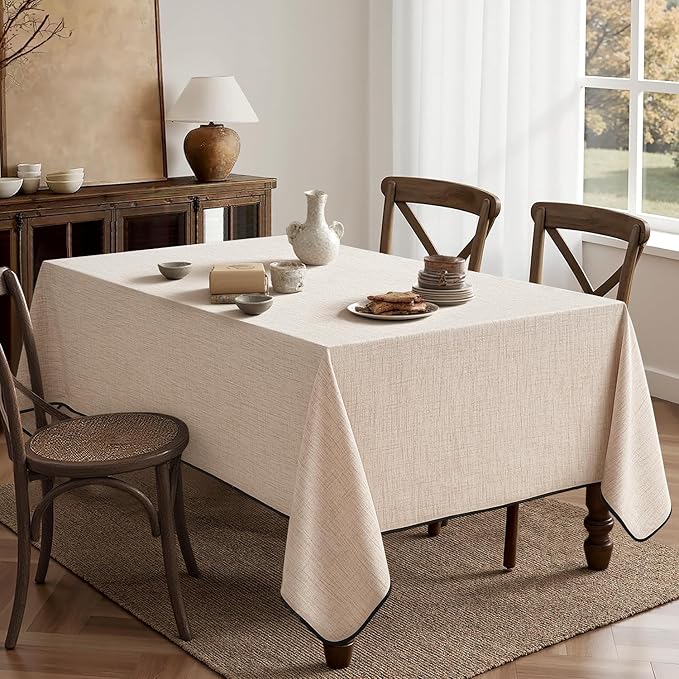 MIULEE Ivory-Black Linen Polyester Tablecloth 60x84 Inch Spring Rectangle Table Cloth Waterproof,Stain Resistant & Wrinkle Resistant for Dining Party Wedding