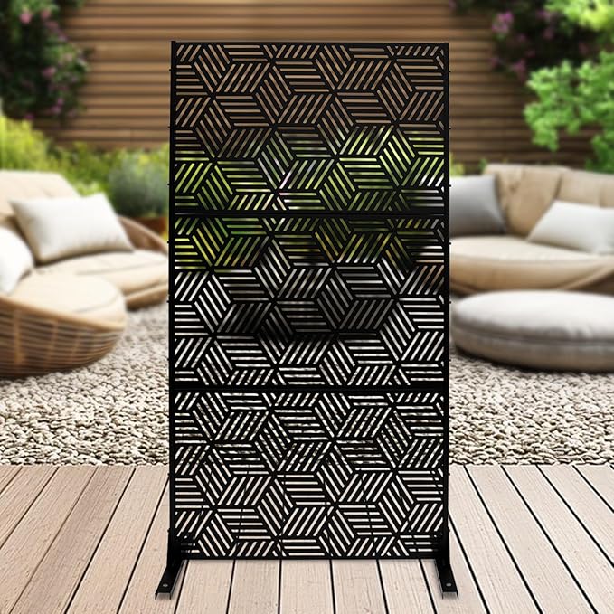 Outdoor Privacy Screen Freestanding, 36" W x 71.5" H Outdoor Decorative Screen Backyard Privacy Fence for Patio Garden Balcony Porch, Black Rhombic Panels