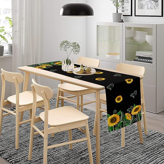 Sunflower Table Runner,Spring Summer Watercolor Floral Plants Leaves Print Table Runner for Kitchen Dining Table Home Holiday Party Indoor Outdoor Decor 13x90in