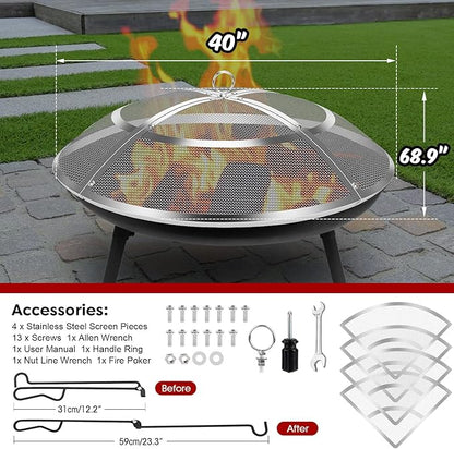 Fire Pit Spark Screen,40 Inch Fire Pit Screen Cover Stainless Steel Outdoor with Handle&Poker,Firepit Screens Cover Round Mesh Lid Heavy-Duty Steel Replacement for Backyard/Beach/RV Camping