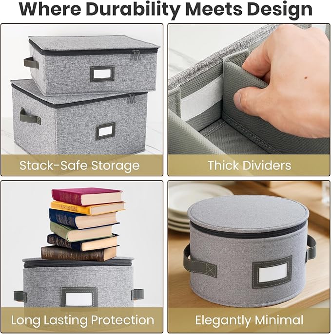 HOMELUX THEORY Saucer Plate Storage Box, 2pc LightGray Hard Shell China Storage Containers Thick Lid & 24 Felt Pads, Heavy Duty Moving Box with Handles for Dishes, Dinner Plate, & Dinnerware