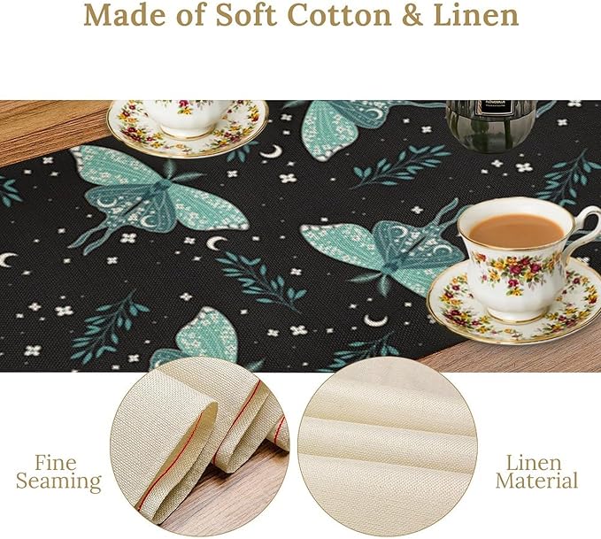 Butterfly Moth Table Runner, Boho Moon Green Leaves Plant Print Table Runner for Farmhouse Kitchen Dining Table Holiday Party Home Decor 13x120in