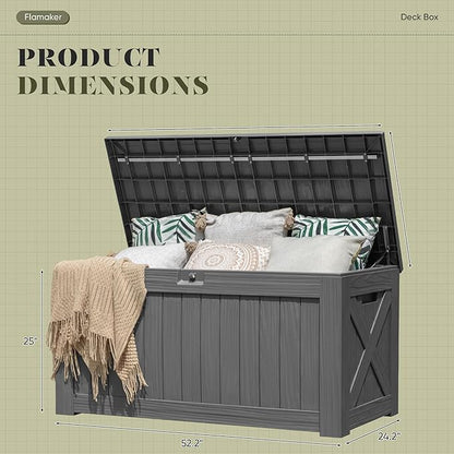 Flamaker Resin Deck Box 120 Gallon Waterproof Large Outdoor Indoor Storage Box Imitation Wood Resin for Patio Furniture Garden Tools and Pool (Gray)