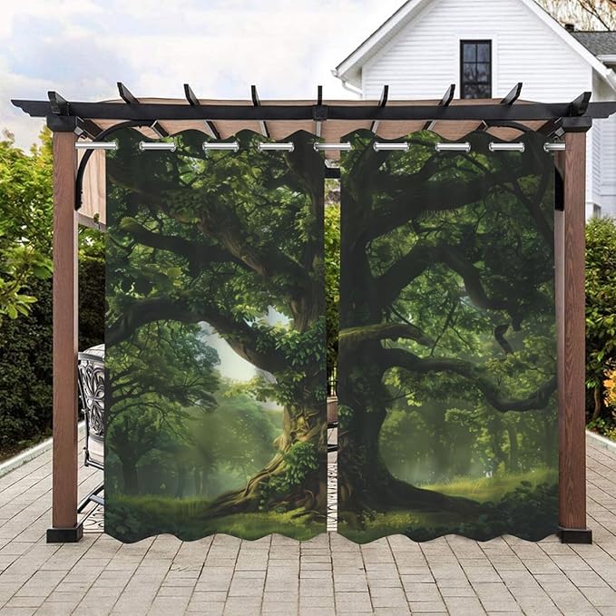Nature Theme Waterproof Indoor/Outdoor Curtains,Forest Pattern,Grommet Curtain for Bedroom, Porch, Living Room, Pergola, Cabana,2 Panel,42 x 63 inch,Green