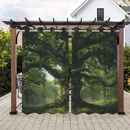 Nature Theme Waterproof Indoor/Outdoor Curtains,Forest Pattern,Grommet Curtain for Bedroom, Porch, Living Room, Pergola, Cabana,2 Panel,42 x 63 inch,Green
