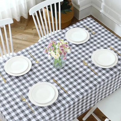 Romanstile Rectangle Vinyl Tablecloth, 100% Waterproof Buffalo Gingham Plastic Table Cloth, Heavy Duty Wipeable Checkered Table Covers for Outdoor, Camping, Picnic, Patio - 60 x 84, Grey and White