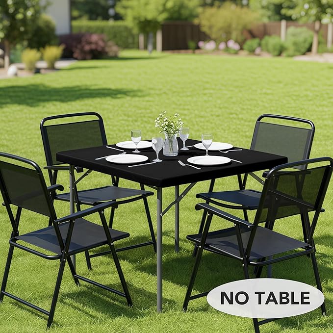 LUSHVIDA Vinyl Card Tablecloth with Flannel Backing 48x48 inch - Waterproof Plastic Picnic Table Cover for Square Folding Table Cloth with Elastic Corners, Black