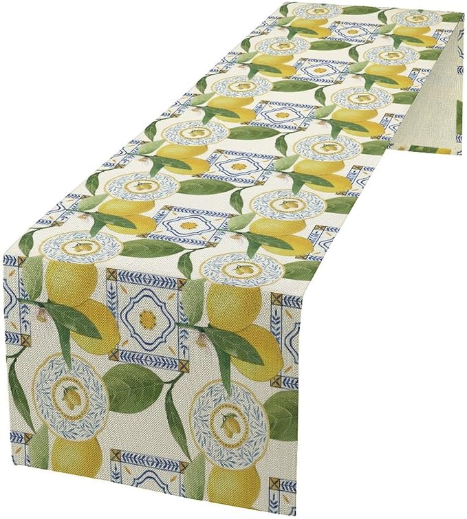 Tiles Lemon Table Runner, Watercolor Italian Tile Floral Plant Print Table Runner for Farmhouse Coffee Home Kitchen Dining Outdoor Party 13x120in