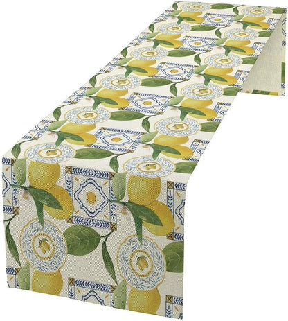 Tiles Lemon Table Runner, Watercolor Italian Tile Floral Plant Print Table Runner for Farmhouse Coffee Home Kitchen Dining Outdoor Party 13x36in