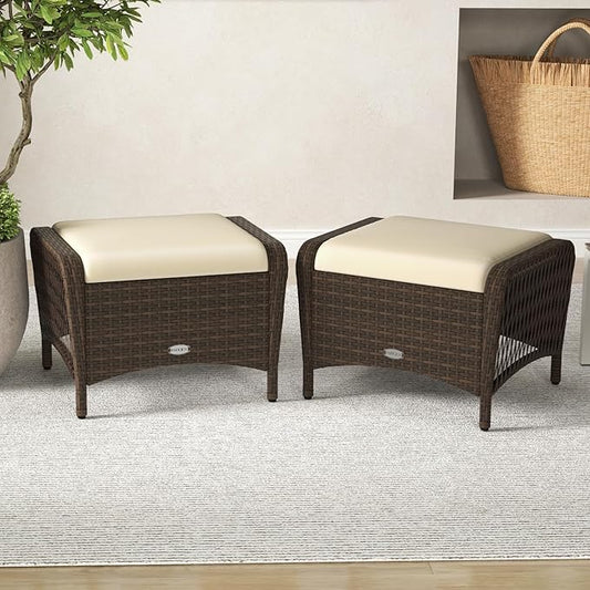 Tangkula 2 Pieces Outdoor Patio Wicker Ottomans with Removable Cushions, Outside Footrest for Additional Seating, Footrest and Side Table, for Porch, Garden and Backyard