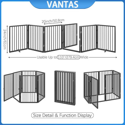 Vantas Folding No-Assembly Metal Pet Gate 120" Wide, 24" Extra Tall Dog Gate with Door Walk Through, Freestanding Accordion Puppy Gate Dog Door for Indoor & Outdoor, with 2PCS Support - Black