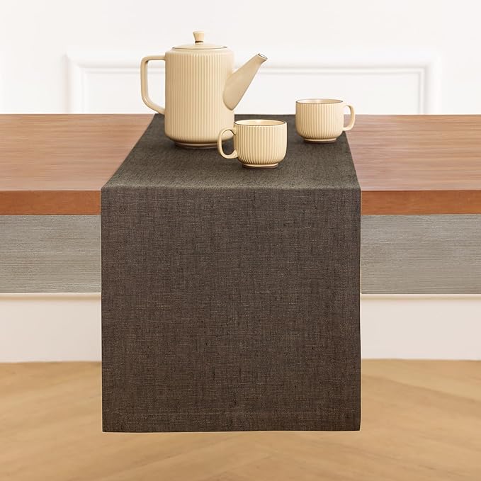 Solino Home Linen Chambray Brown Table Runner 108 Inches Long - Athena, 100% Pure Linen Dining Table Runner 14 x 108 Inch for Winter - Handcrafted and Machine Washable