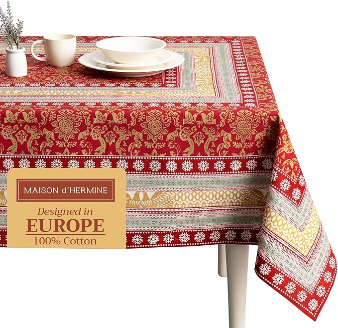 Maison d' Hermine Table Cloth Square Table 100% Cotton 54 x 54 Inches Fall Tablecloth Reusable Everyday Use for Thanksgiving Christmas Decorations Dining Farmhouse Party (Sofia)
