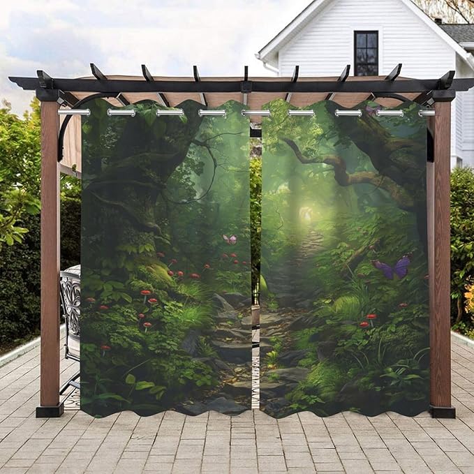 Fantasy Theme Waterproof Outdoor Curtains for Patio,Forest Pattern,Grommet Curtain for Bedroom, Porch, Living Room, Pergola, Cabana,2 Panels,W54 x L84,Green