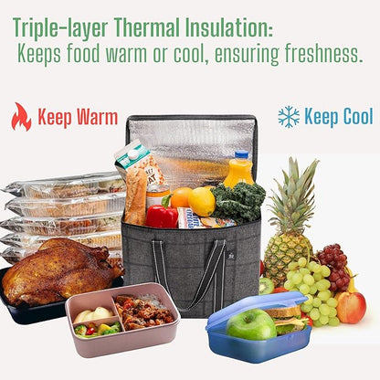 VENO 2 Pack Cooler Bag and Insulated Grocery Bags for Food Delivery, Collapsible Cooler. Reusable Shopping Bags for Groceries with Hard Bottom, Zippered, Foldable, Heavy-Duty (Windowpane, 2 Pack)