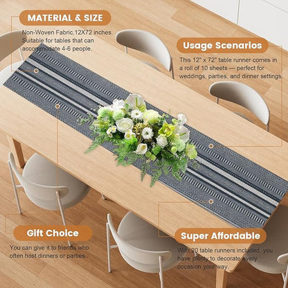 20 Pieces Boho Disposable Table Runners Roll 12x72 Inch, Non-Woven Waterproof Runners with Tear Line, Bohemian Decor for Wedding, Party, Events, Rustic Table Decorations Supplies (Stripe Grey)