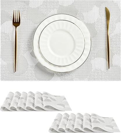 Leetaltree White Placemats Set of 12 - Heat Resistant Non-Slip Place mats for Dining Table, Washable Durable PVC Vinyl Woven Table Mats（White Circle,12）