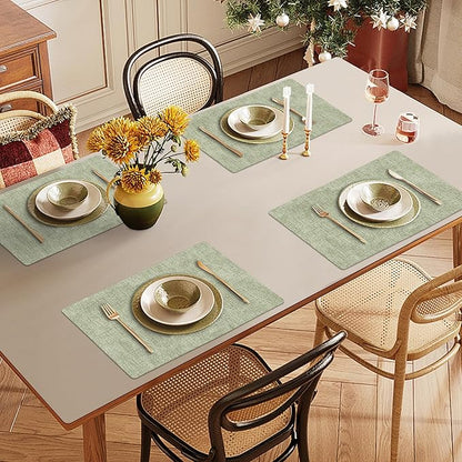Faux Leather Heat Resistant Placemats Set of 8 – Waterproof Oilproof Wipeable Dining PU Vinyl Place Mat Easy Clean Table Mats for Kitchen/Dining/Party/Holiday, Grass Green