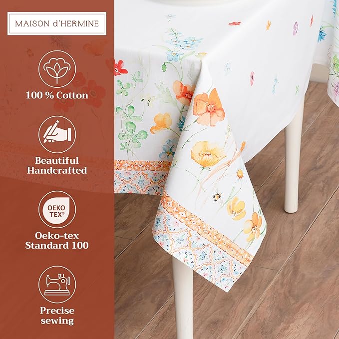 Maison d' Hermine Table Cloth Rectangle Table 100% Cotton 70 x 90 Inches Tablecloth Reusable Decorative for Dining Room, Farmhouse, Home, Party, Festive & Wedding Spring Summer - Summer Whisper