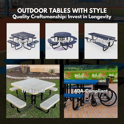 Coated Outdoor Furniture Heavy-Duty Portable Outdoor Picnic Table with Umbrella Hole, Expanded Metal Commercial-Grade Patio Dining Furniture Made in America (46" Round Top, Textured Brown)